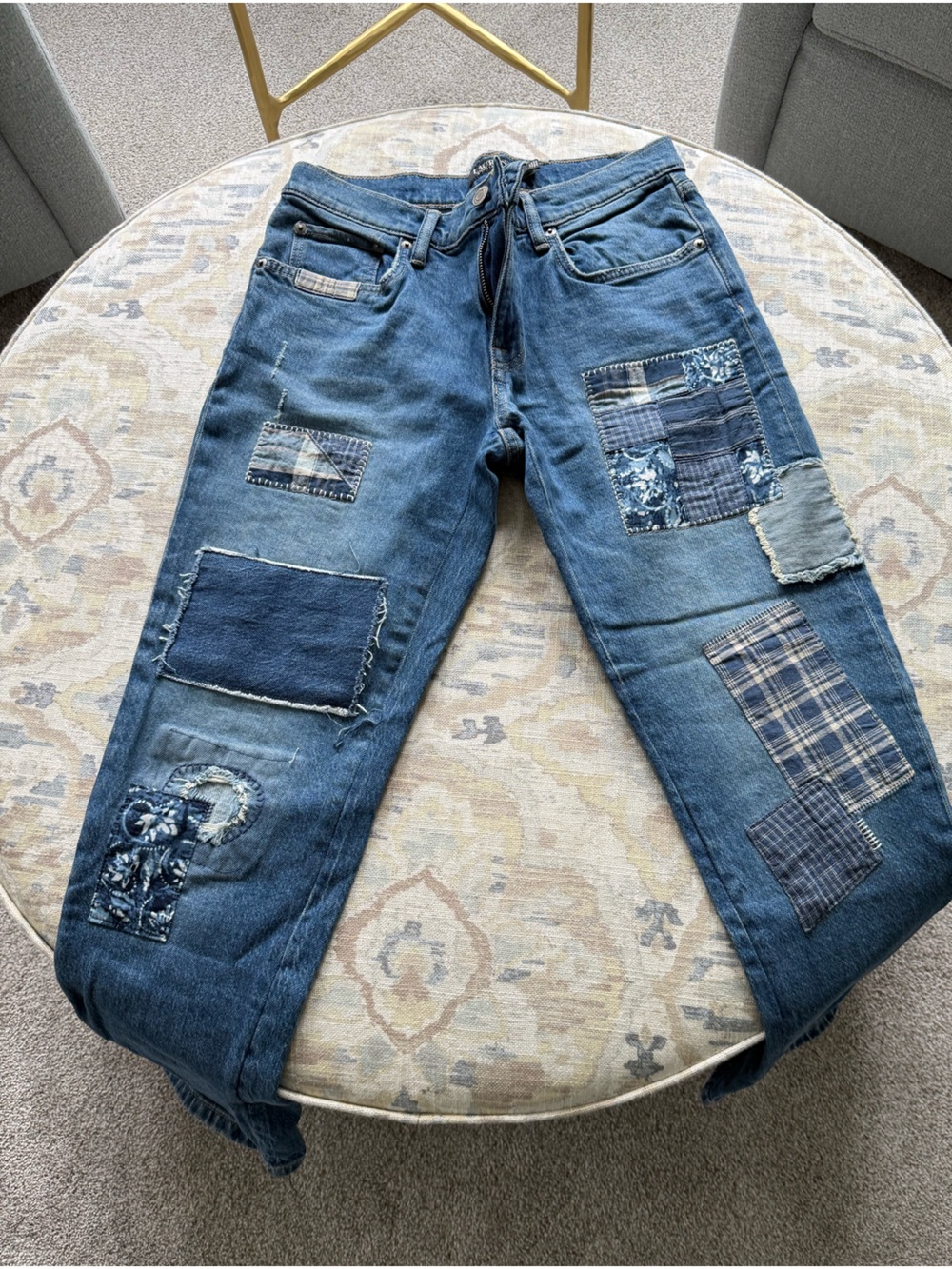 LAUREN RALPH LAUREN Light Wash PATCHWORK High Rise Tapered Leg Jeans Sz 2
